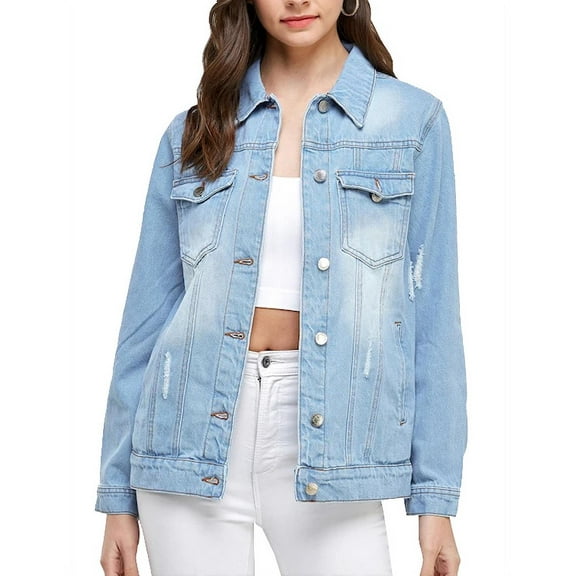 Women's Classic Casual Cotton Lightweight Distressed Denim Button Up Jean Jacket (Light Blue, S)