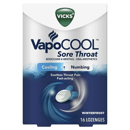 Vicks VapoCool Sore Throat Lozenge, Relieves Painful Sore Throat and Mouth, Maximum Numbing and Cooling, Fast-Acting Cough Drop, Winterfrost, 16 (Best Way To Numb Throat)