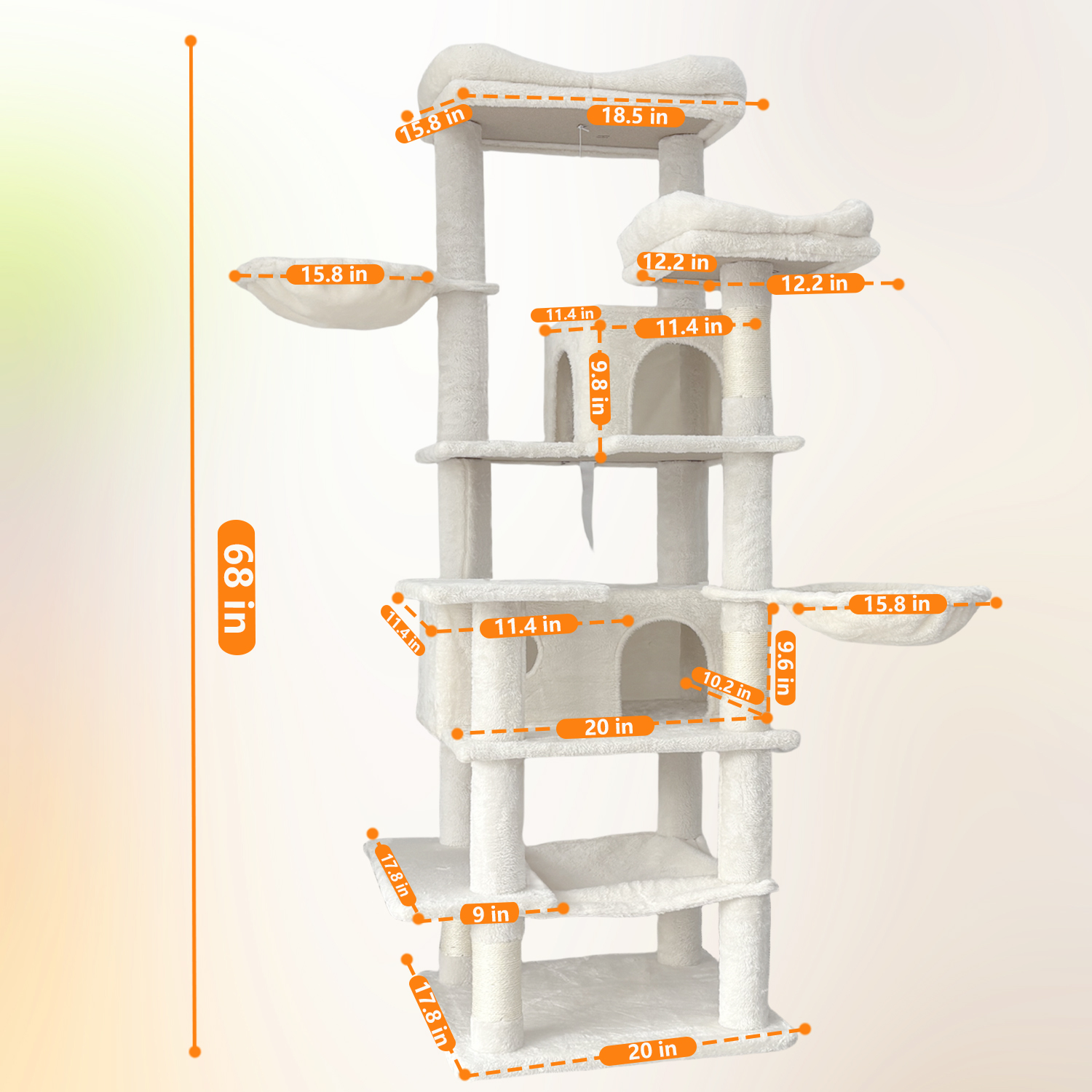 Zephypaws 68in Cat Tree,Multi-Level Cat Tower for Indoor Cats,2 Widened Plush Perches Cat Condo with Scratching Post,Big Caves,Beige