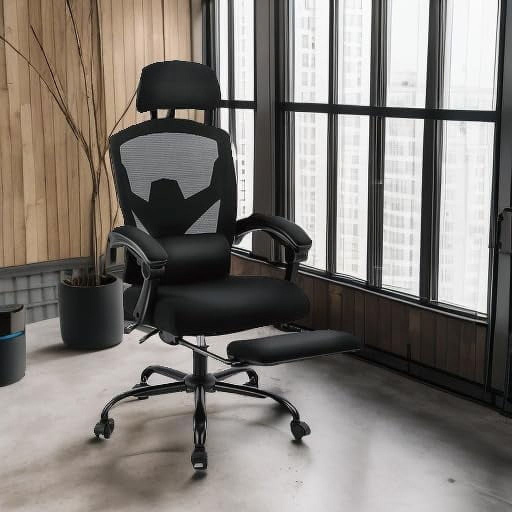 Atilioo Ergonomic Office Chair with Footrest, High-Back Mesh Swivel Chair with Adjustable Lumbar Support, Headrest & Wheels, Rolling Recliner for Home Office, Gaming, Study, Black