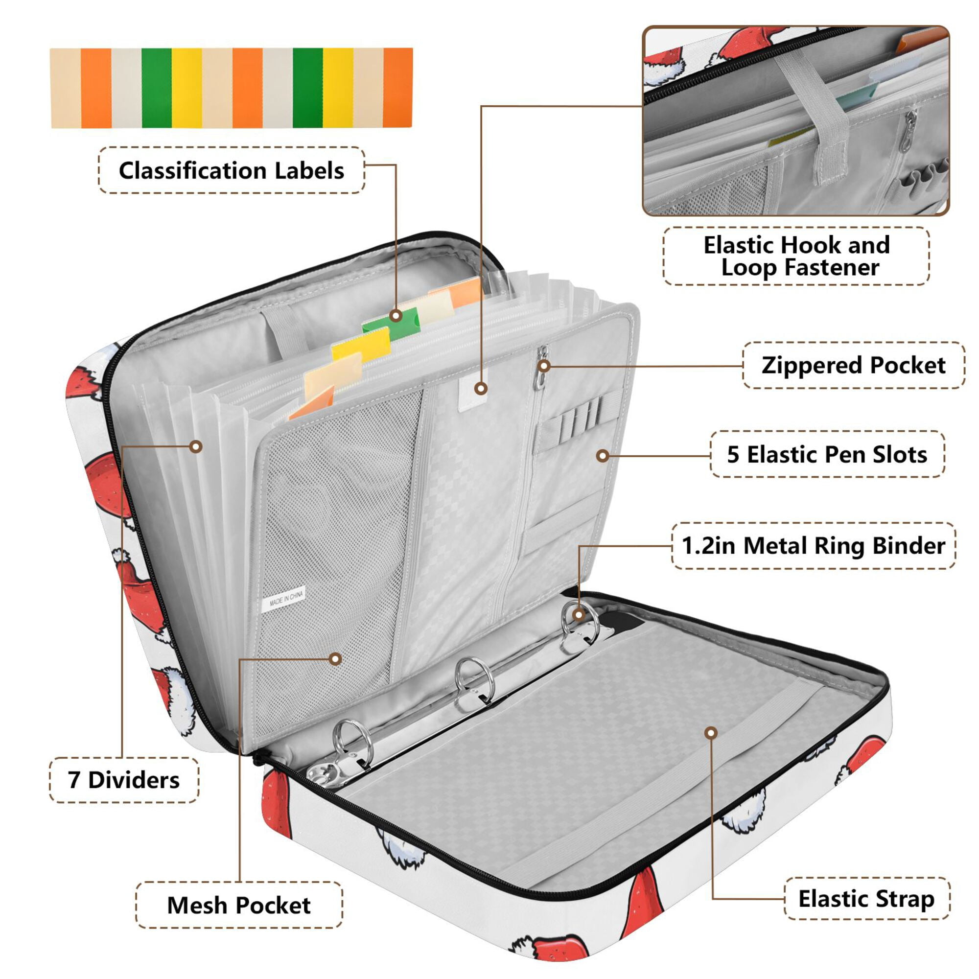 FORMRS Accordion File Folder A4 Size 7-Pocket Expanding Document Organizer Bag with 3 Ring Binder, Santa Hats Pattern