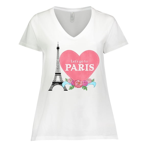 Inktastic Let's Go to Paris with Pink Heart and Eiffel Tower Women's Plus Size V-Neck T-Shirt