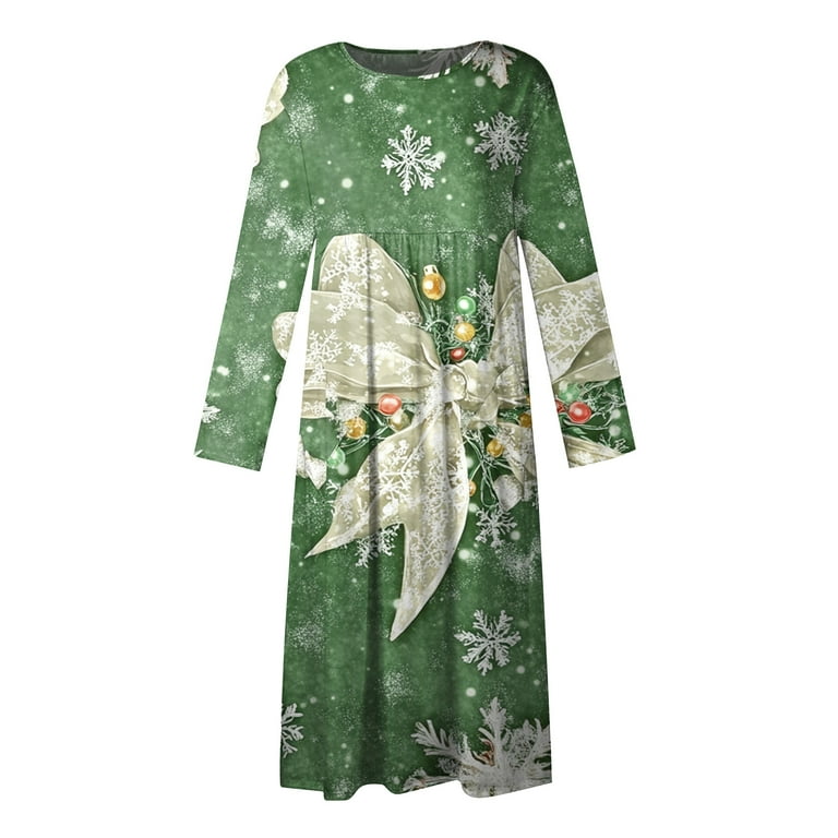 Women's Casual Crew Neck Christmas Print Mid-Length Dress with Pockets,  Long Sleeve Holiday Party Dress with Festive Pattern, A-Line Swing Vintage  Style,Green,Size M - Walmart.com