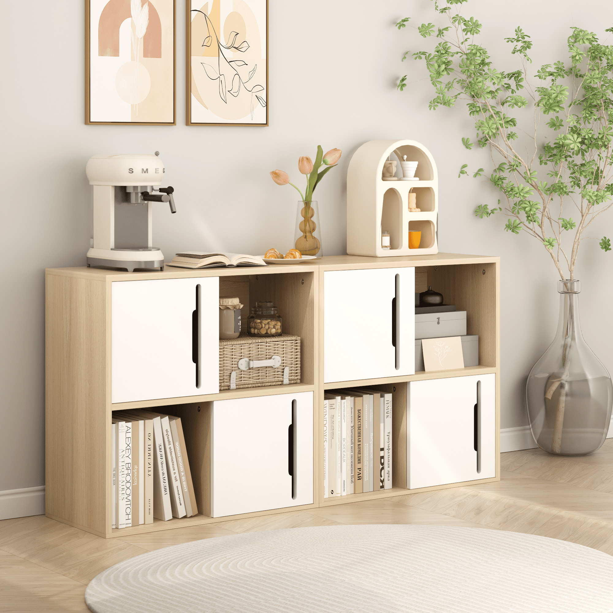 Yoneston Wooden Cube Storage Organizer with Doors, 2-Tier Open and Closed Shelves Bookshelf Cabinet for Living Room, Bedroom, Kids'Room, White