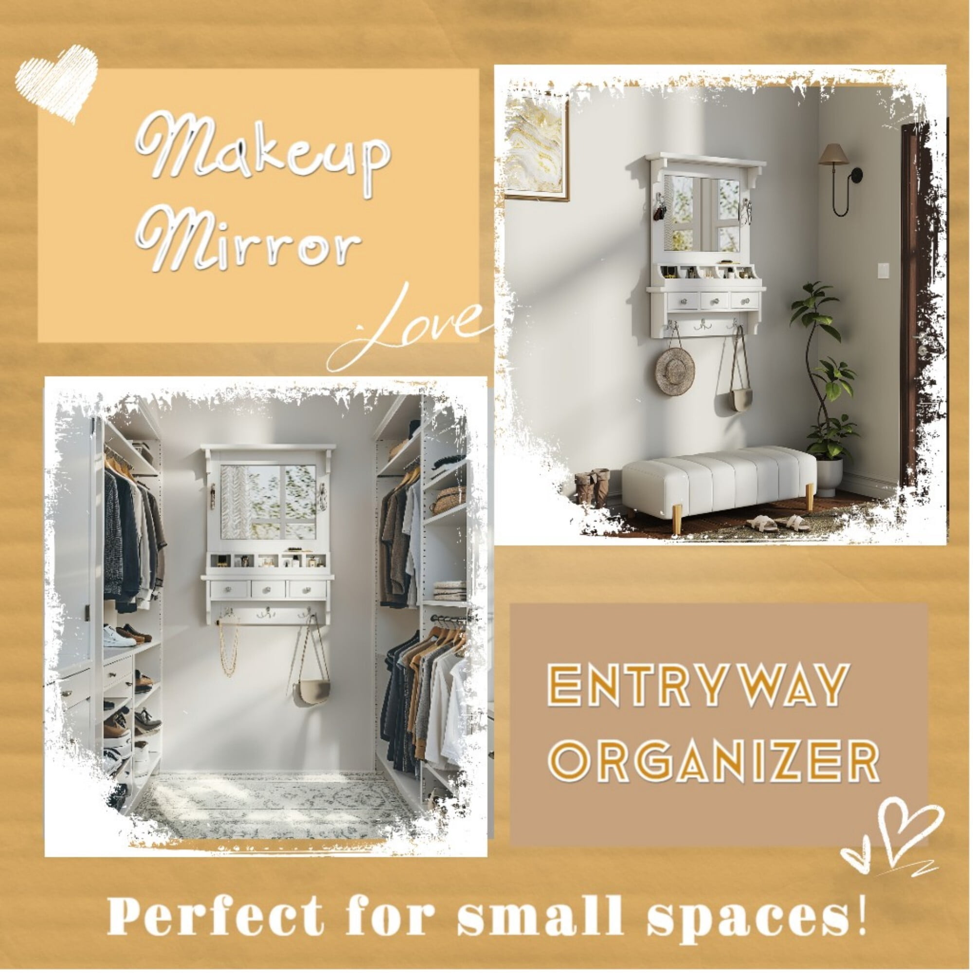 AENKYO Floating Makeup Vanity with Mirror & Drawers | Wall-Mounted Organizer for Bathroom & Bedroom, White