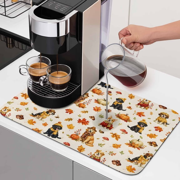 Fall Dish Drying Mats for Kitchen Counter, Rustic Golden Retriever Puppy Black Labrador Dog Pumpkin Leaf Absorbent Coffee Bar Mat with Non-slip Rubber Backed Quick Drying Dish Rack Pad 16"x18"