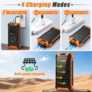 OWNTECH 30000mAh Solar Power Bank Portable Charger with 4 Cables & 3 USB Ports, Wireless Charger with LED Light, Compatible with iPhone, Android, for Camping, Hiking, Black Orange
