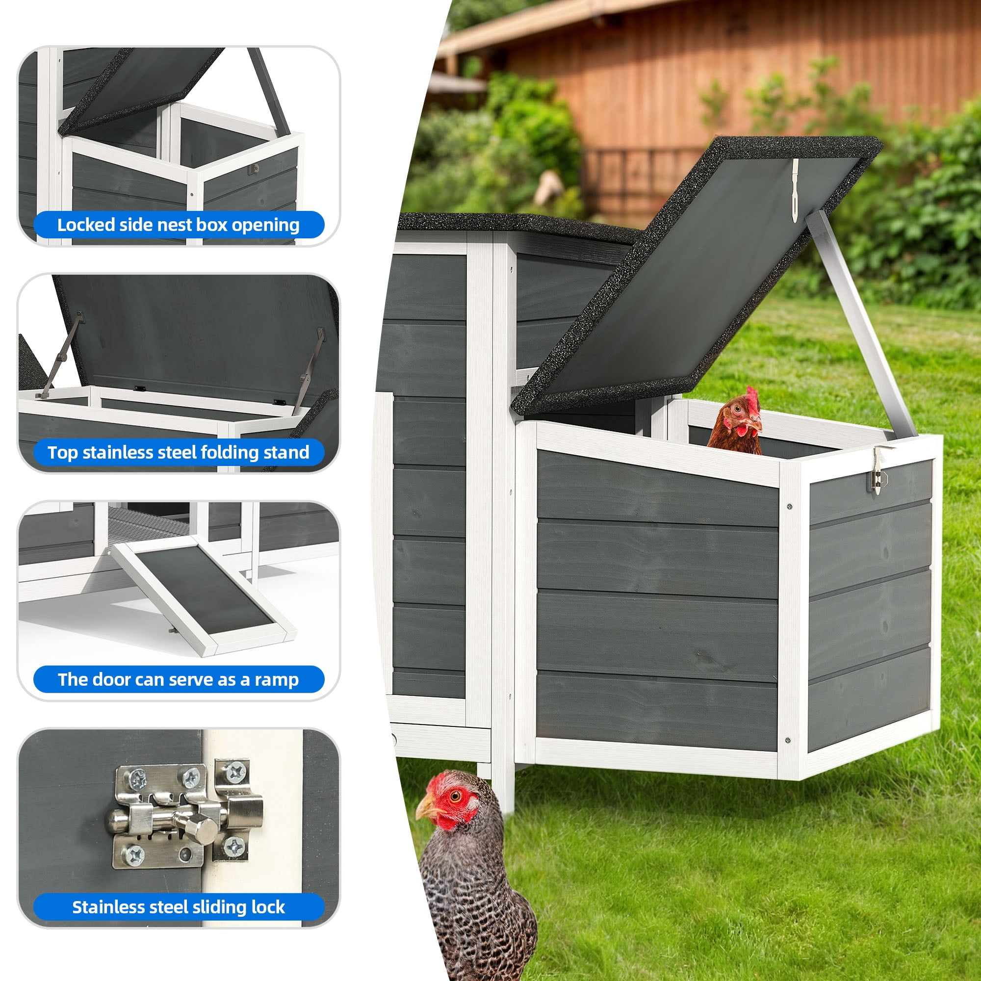 Dextrus Chicken Coop 11.5ft² Large Wooden Chicken Hutch with 2 Nesting Boxes Outdoor Hen House Chicken Cage for Rabbit Hutch Duck Cage - Gray