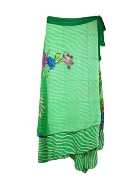 Mogul Women Mint Green Silk 2 Layer Sari Reversible Printed Long Wrap Skirts