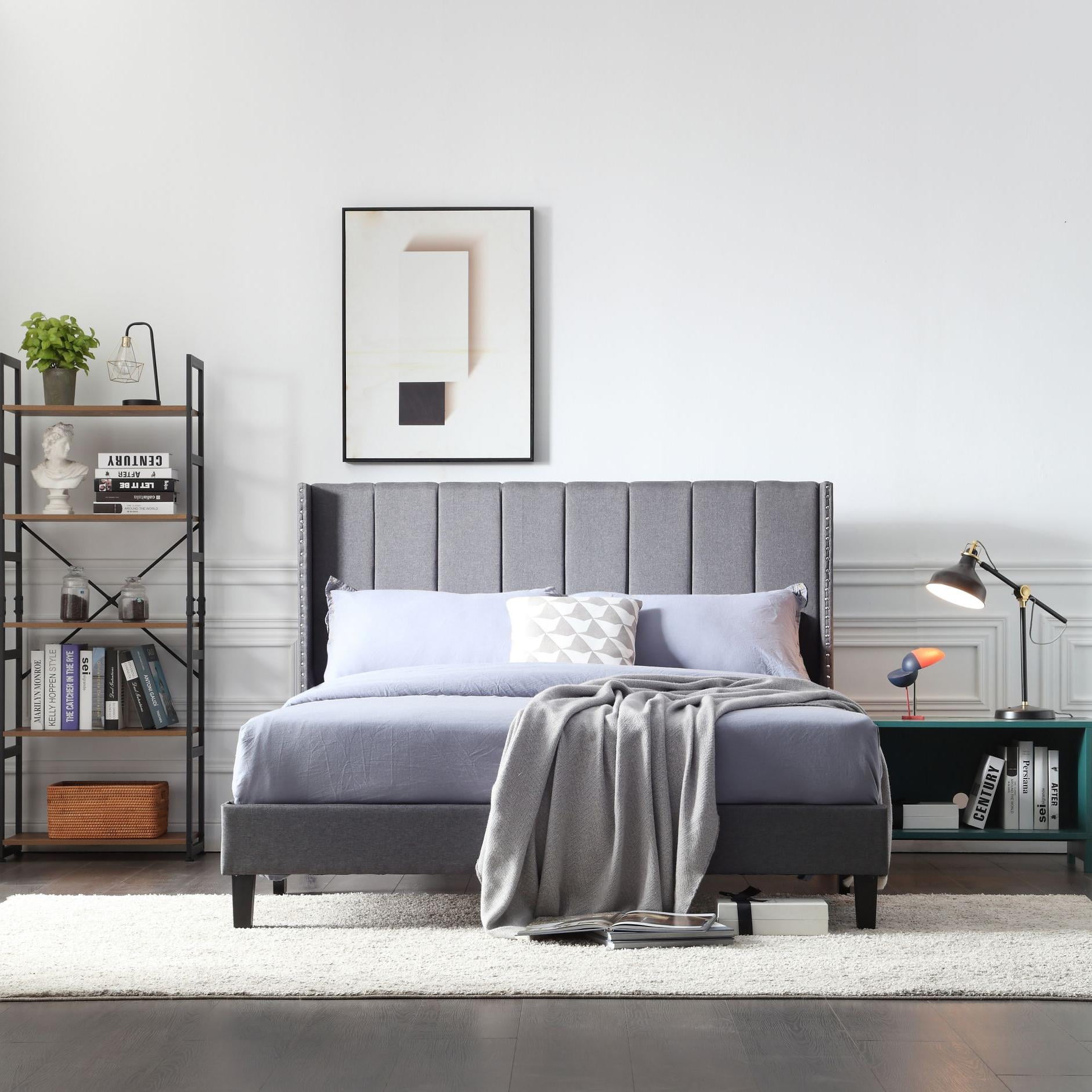 Private Jungle Bed Frame Set, Classics Cloth Headboard with Wings & Platform & Slats Queen, Fabric/Grey Private Jungle Bed Frame Set, Classics Cloth Headboard with Wings & Platform & Slats Queen, Fabric/Grey