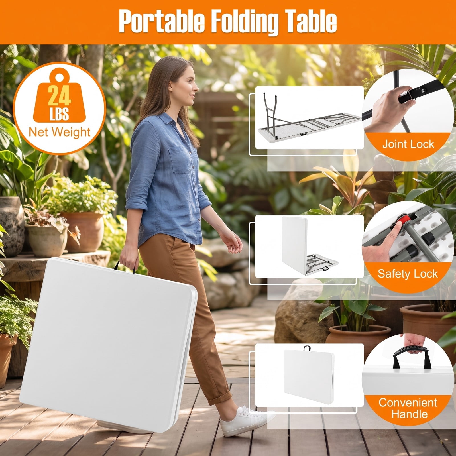 Furnibear 6 FT Portable Folding Table, 350 LBS Fold-in-Half Utility Table with Waterproof HDPE Tabletop and Carrying Handle for Picnic Camping Party Indoor, White