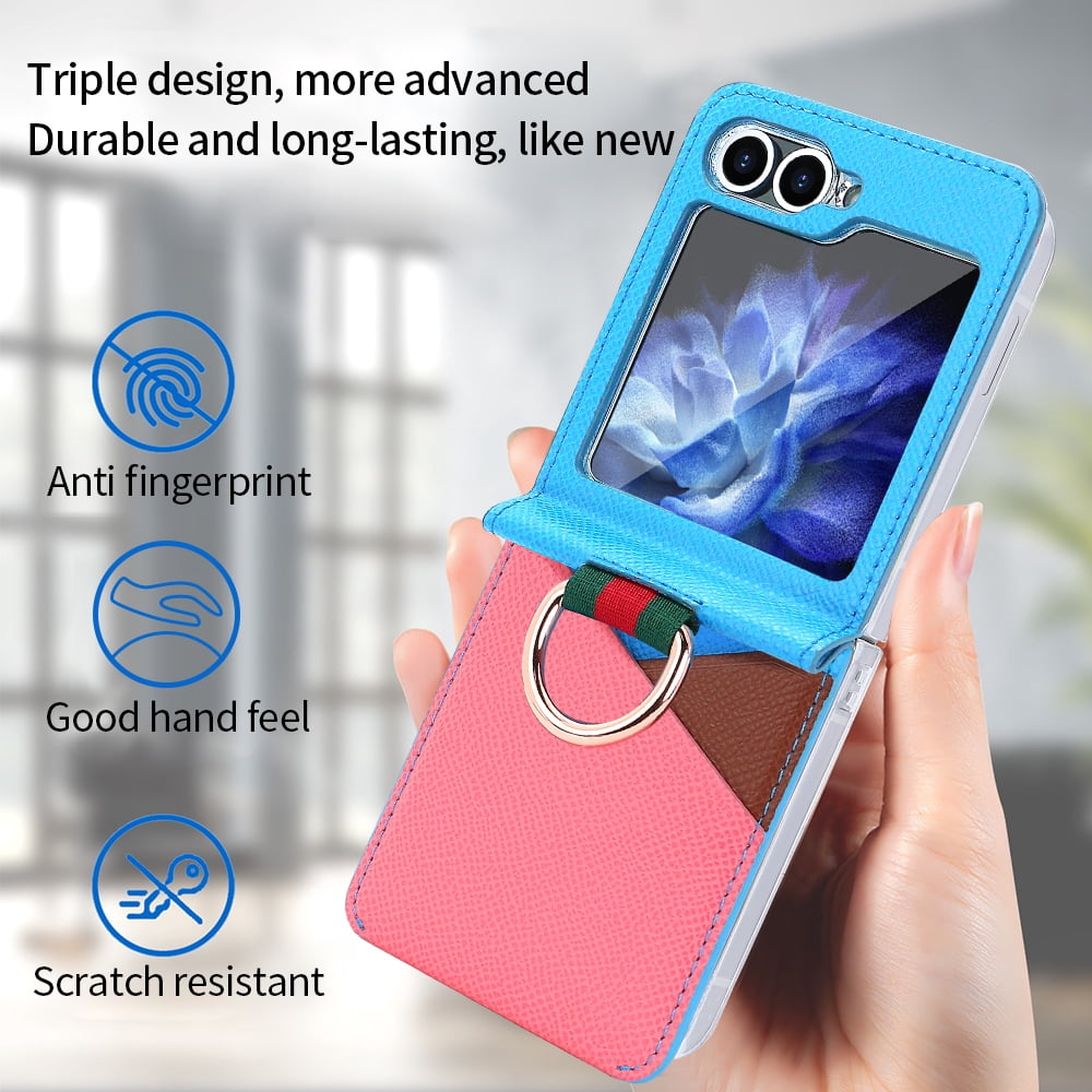 Fashion contrast color leather phone case for Samsung Galaxy Z flip 6 5 4 3 flip6 flip5 ring holder card slot folding cover