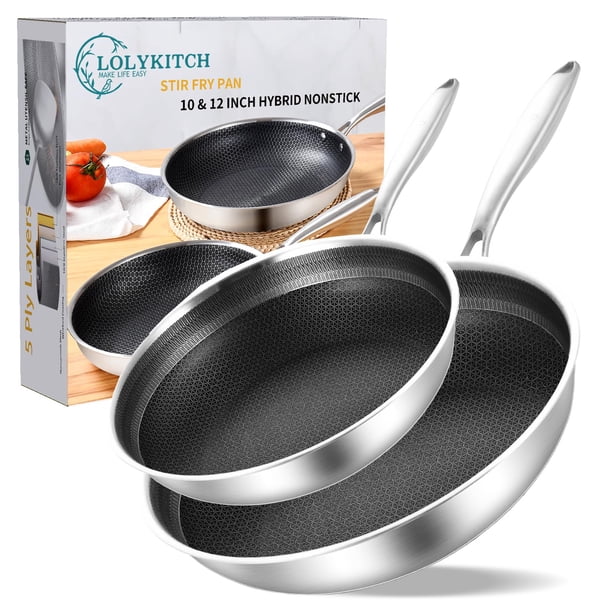Lolykitch Juego de sartenes de chef antiadherentes híbridas de tres capas de acero inoxidable de 10 a 12 pulgadas, sartenes, sartén para cocinar por inducción, apto para horno y lavavajillas.
