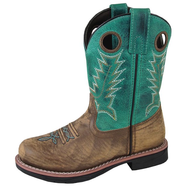 Bota de vaquero para niños de cuero marrón búfalo / turquesa para niños - Talla EE. UU.: 6 Smoky Mountain Boots 3891Y-6R