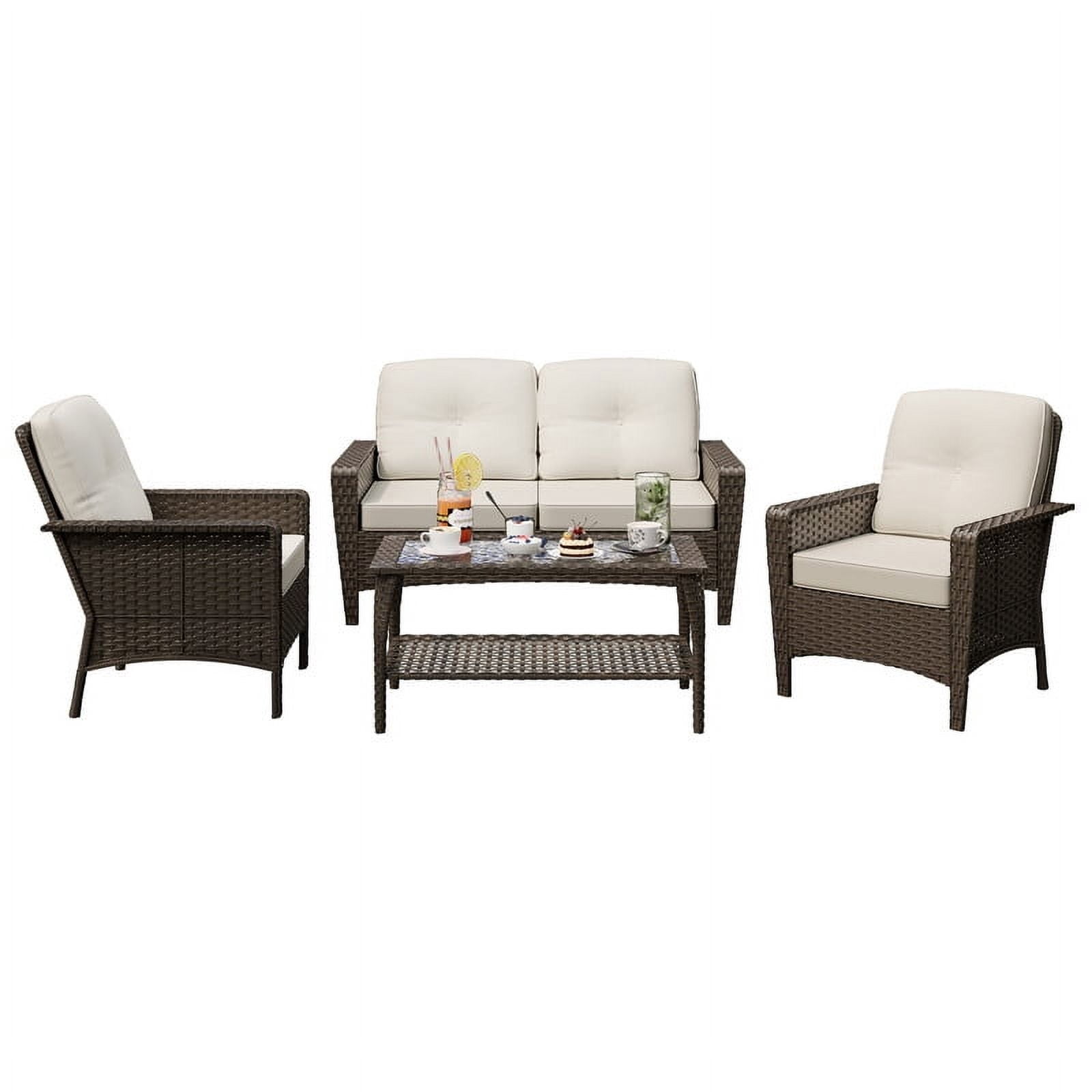 GAZEBETER 4 Piece Outdoor Patio Furniture Set,Wicker Patio Conversation Sets of 4,PE Rattan Wicker Table and Chairs Set with Cushions,Beige
