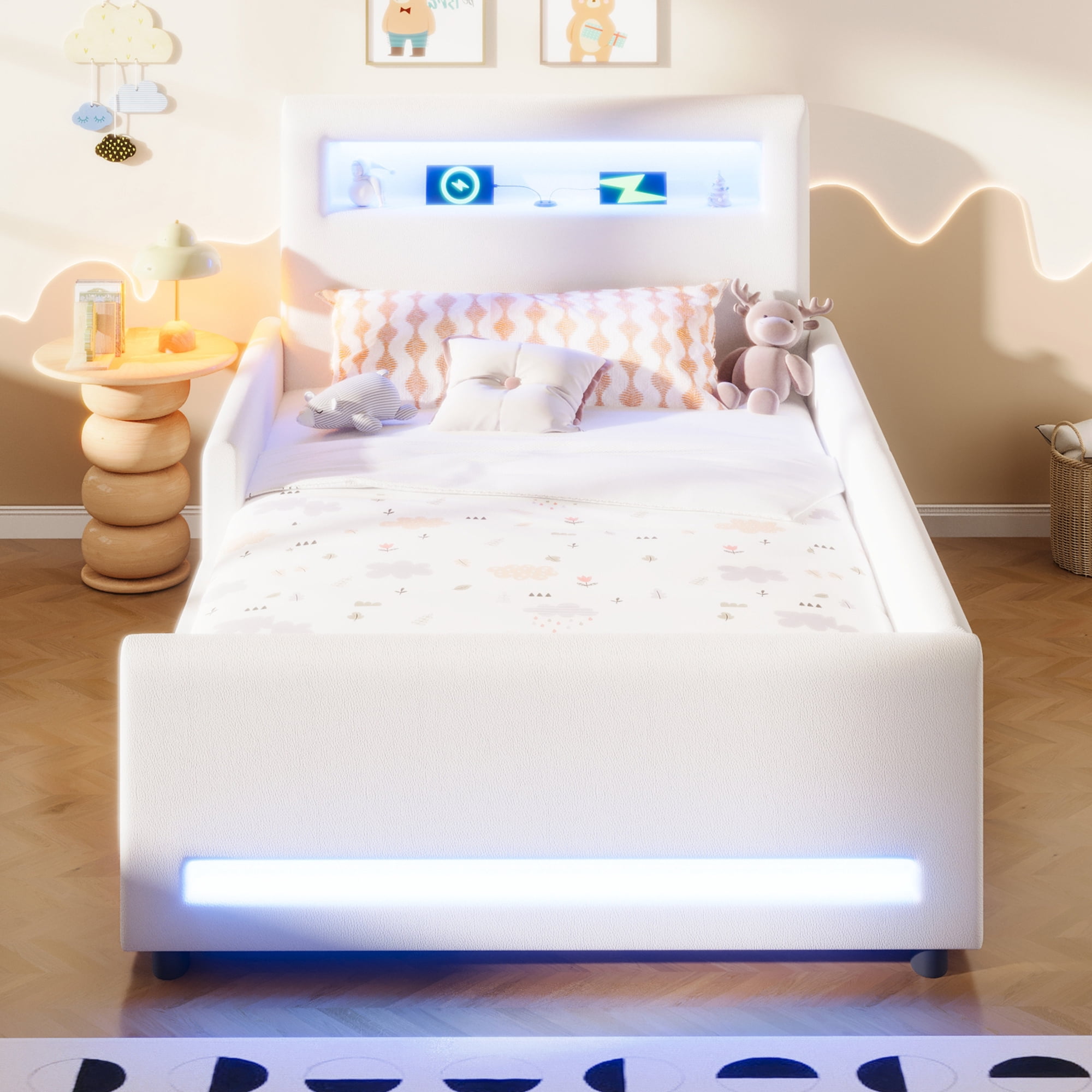 Euroco Upholstered Twin Size Platform Bed with LED Light and USB Ports, 2 Drawers, White