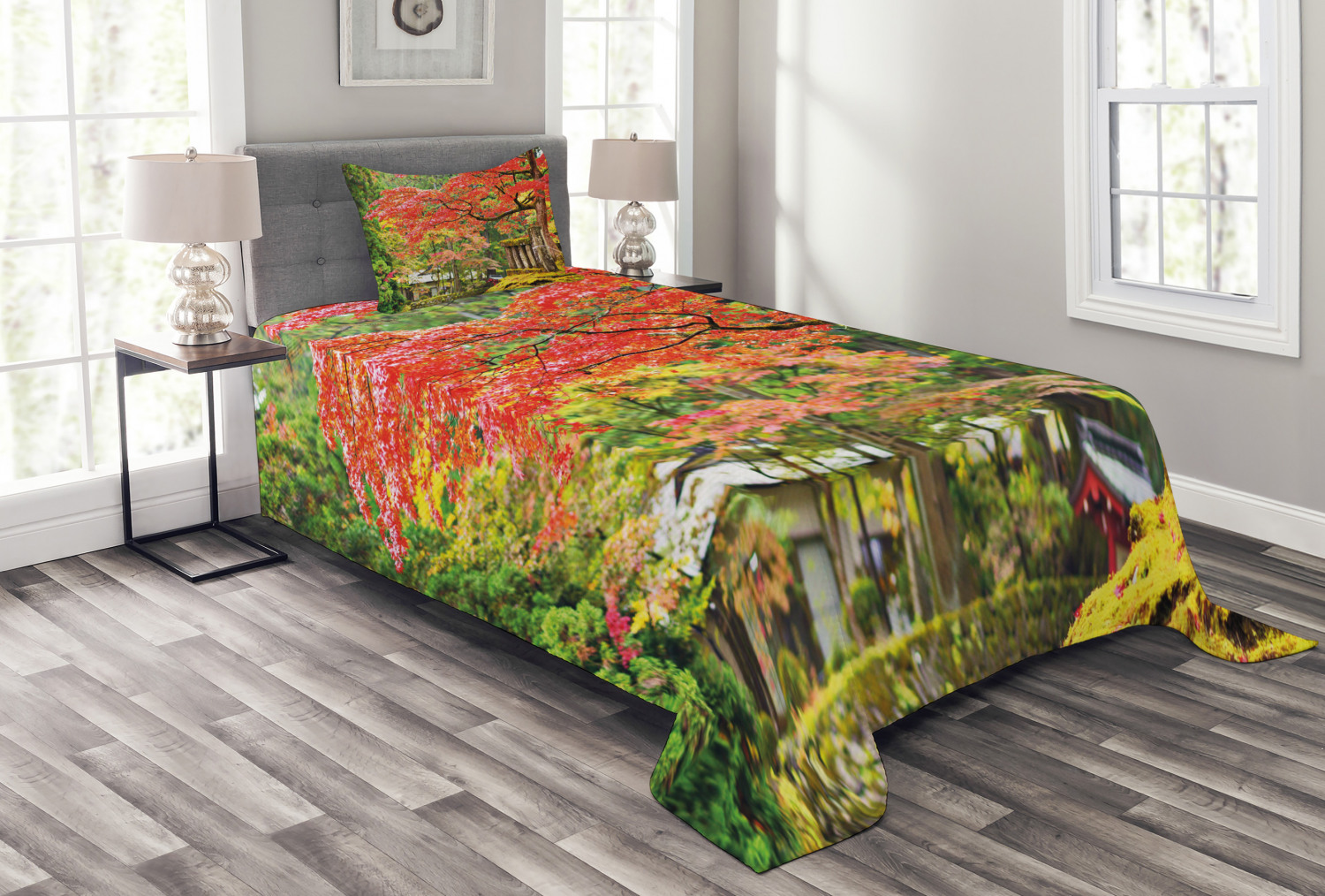 Japanese Bedspread Set Twin Size, Autumn Scenery with Sakura Tree