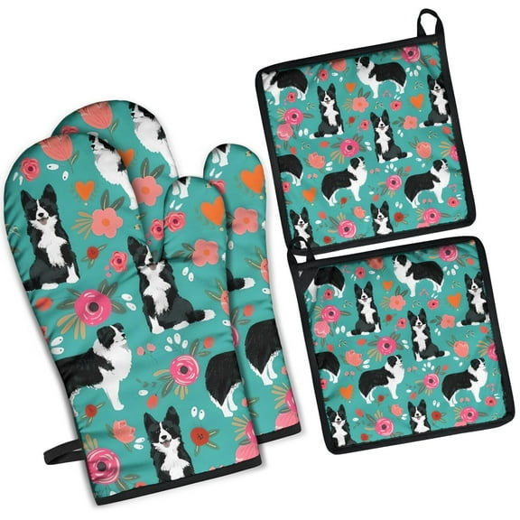 Border Collie Dog and Flower Florals Kitchen Oven Mitt and Pot Holder Sets 2 Pcs for Baking, Cooking and Grilling, Heat Resistant Up To 392 °F