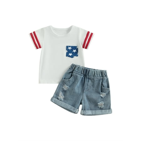 

Independence Day Kids Denim Shorts Outfits Toddler Boy Girl T-shirt and Denim Shorts for 4th of July