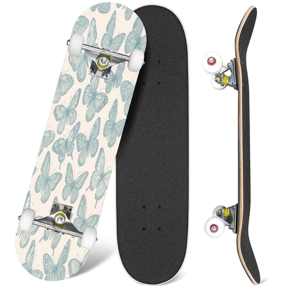 31'' Complete Skateboard 7 Layer Canadian Maple Double Kick Deck Skateboards Butterflies doodle style Butterfly for vintage Skate Board for Beginner Adult Gifts