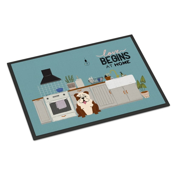 Brindle White English Bulldog Kitchen Scene Indoor or Outdoor Mat 24x36 CK7825JMAT