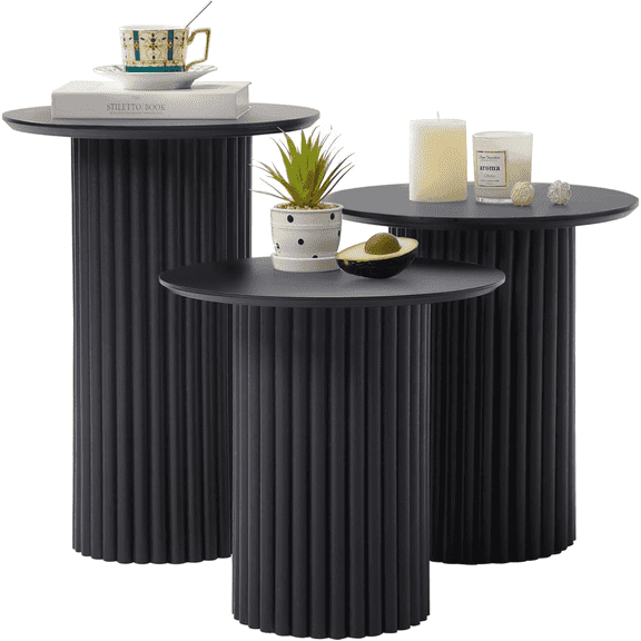 LEFHDA Fluted Round End Tables Set of 3, Mid Century Modern Wooden Coffee Table, Small Bedside Table Accent Cabinet for Living Room, Bedroom, Entryway (Black)