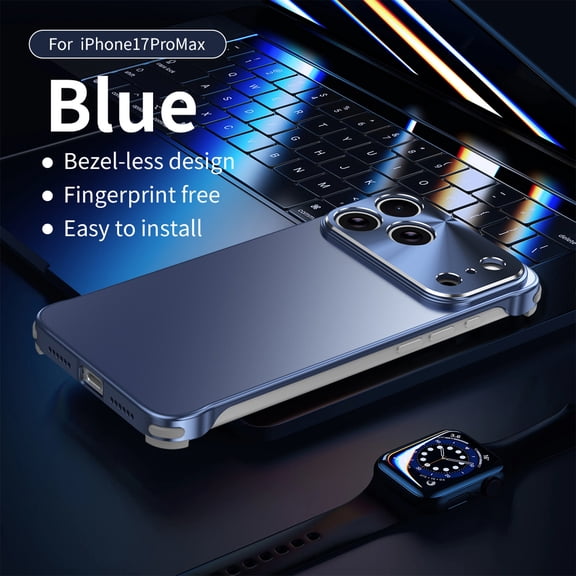 Decase for iPhone 17 Pro Max Metal Alloy Frame Case, Slim Frameless Hard PC Cover, Shockproof Anti-Scratch Heat Dissipation Anti-Fingerprint Protective Phone Case,Blue