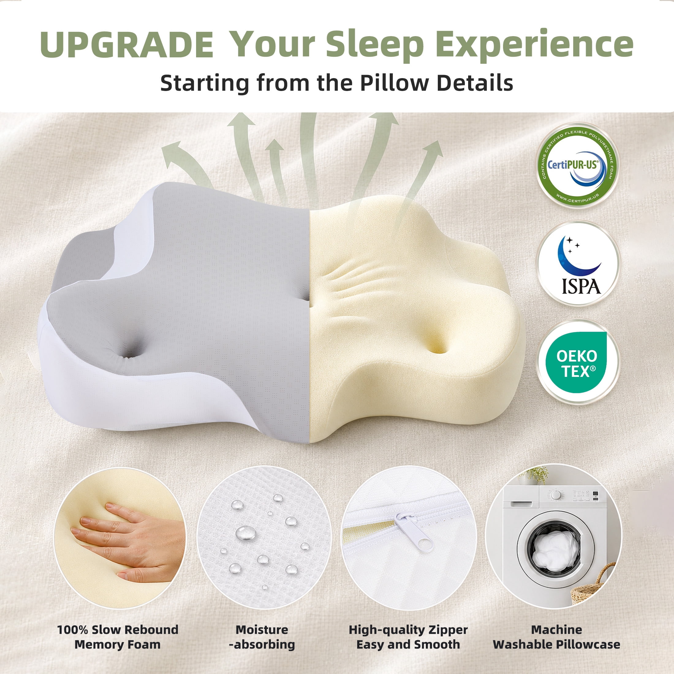 EDX 24 x 16 inch Cervical Ergonomic Pillow - Memory Foam Neck Pain Relief for Side/Back/Stomach Sleepers, Grey