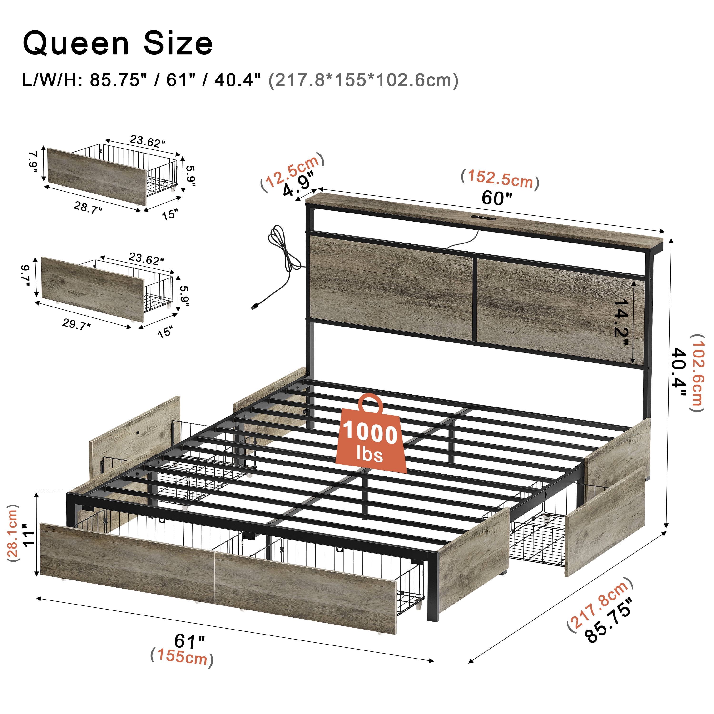 GUNAITO Queen Size Bed Frame with Headboard and 4 Storage Drawers LED Platform Bed Frame with Charging Station Gray
