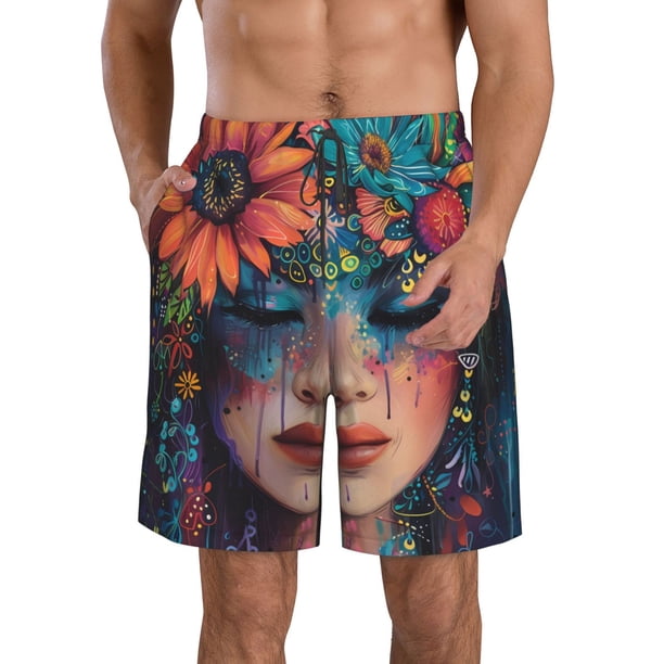 Fotbe Bohemian Colorful Flower Woman Trajes de Baño Estampados para Hombre, Shorts de Verano de Secado Rápido, Ropa de Playa, Bañadores-3X-Large