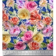 thumbnail image 1 of Soimoi Blue Georgette Viscose Fabric Leaves,Pink & Peach Rose Watercolor Decor Fabric Printed BTY 42 Inch Wide, 1 of 1