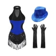 thumbnail image 2 of Xnihocha Women Sequins Tassel Latin Dance Dress Fringed Leotard+Gloves+Hat Tango Jazz Dance Outfit Royal Blue XL, 2 of 7