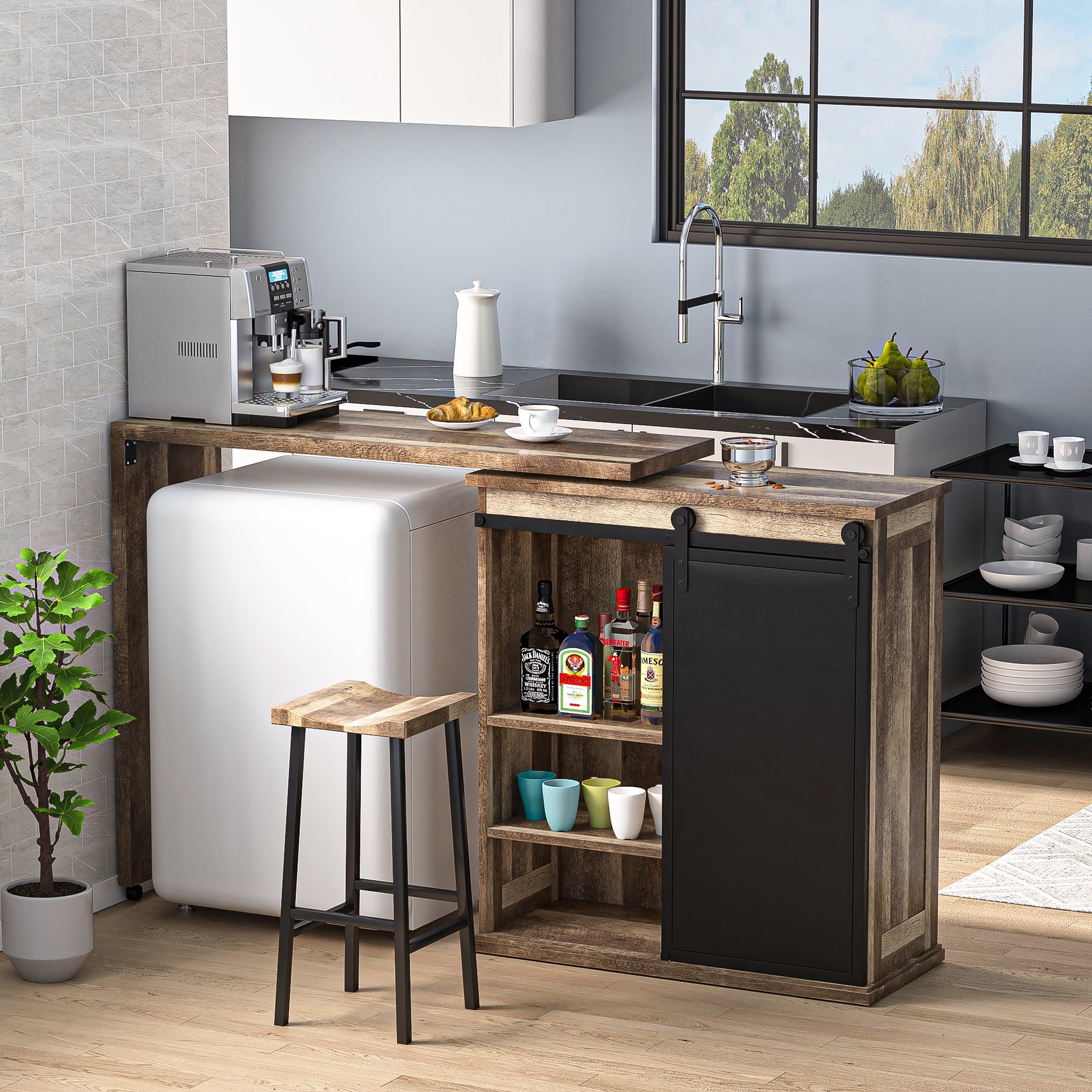 Kadyn 360° Rotatable Bar Cabinet, L-shaped Bar Table for Kitchen, Bar Cabinet with Sliding Barn Door, Free Rotating Sideboard with Adjustable Shelves, Vintage Brown Kadyn 360° Rotatable Bar Cabinet, L-shaped Bar Table for Kitchen, Bar Cabinet with Sliding Barn Door, Free Rotating Sideboard with Adjustable Shelves, Vintage Brown