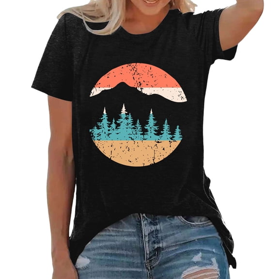 Crew Neck T Shirts For Women Tree Graphics Print Fashion Short Sleeve Loose Fit Women Tops