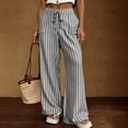 thumbnail image 5 of Textilo Summer Casual Striped Pants for Women Wide Leg Drawstring Pant with Pockets Elastic Waist Trouser Summer Beach Vacation Comfy Lounge Boho Clothes,Gray 2XL, 5 of 5
