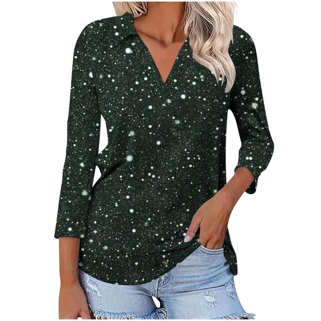 Camiseta de Solapa de Cuello en V de la Manga Superior de 3/4 de las Mujeres, Uso Diario Cómodo Casual