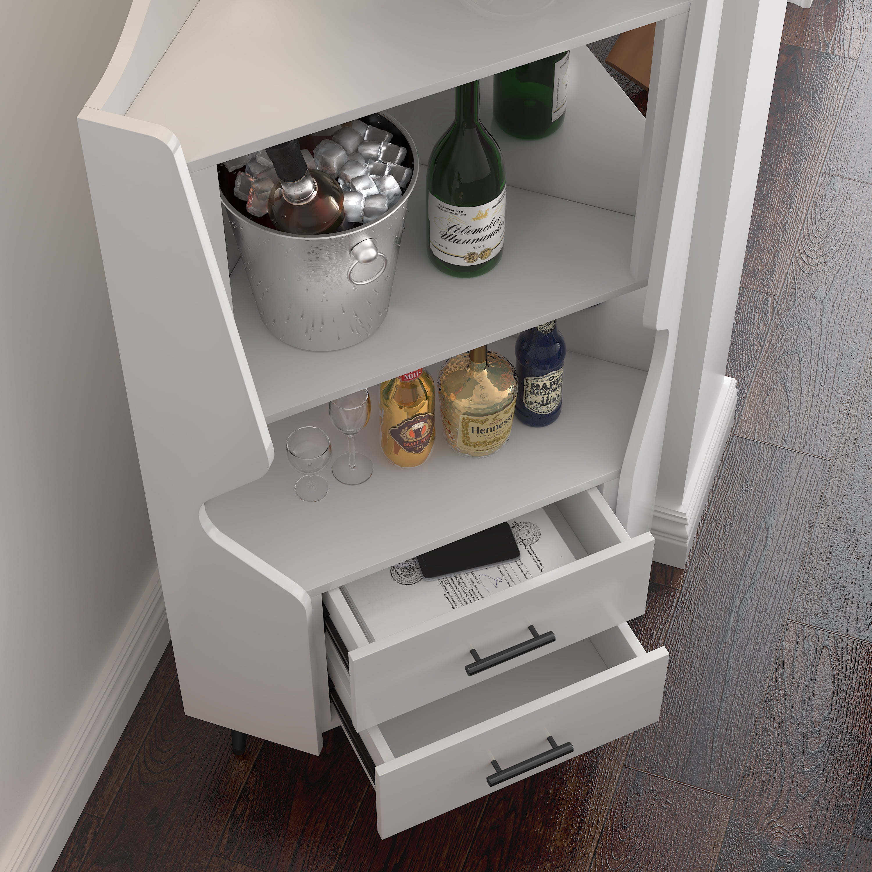 Leumius Corner Coffee Bar Cabinet with 2 Open Shelves and 2 Drawers,Mirrored Back Sideboard,High Legs for Dining Room,White