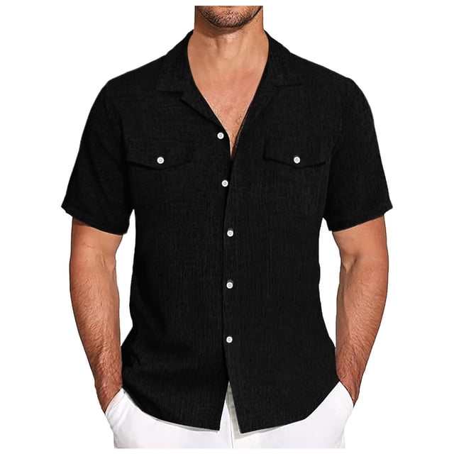 WEAIXIMIUNG Chemise de Compression Homme Lin Manches Courtes Chemise Boutonnée Décontractée Été Cubaine Plage Vacances