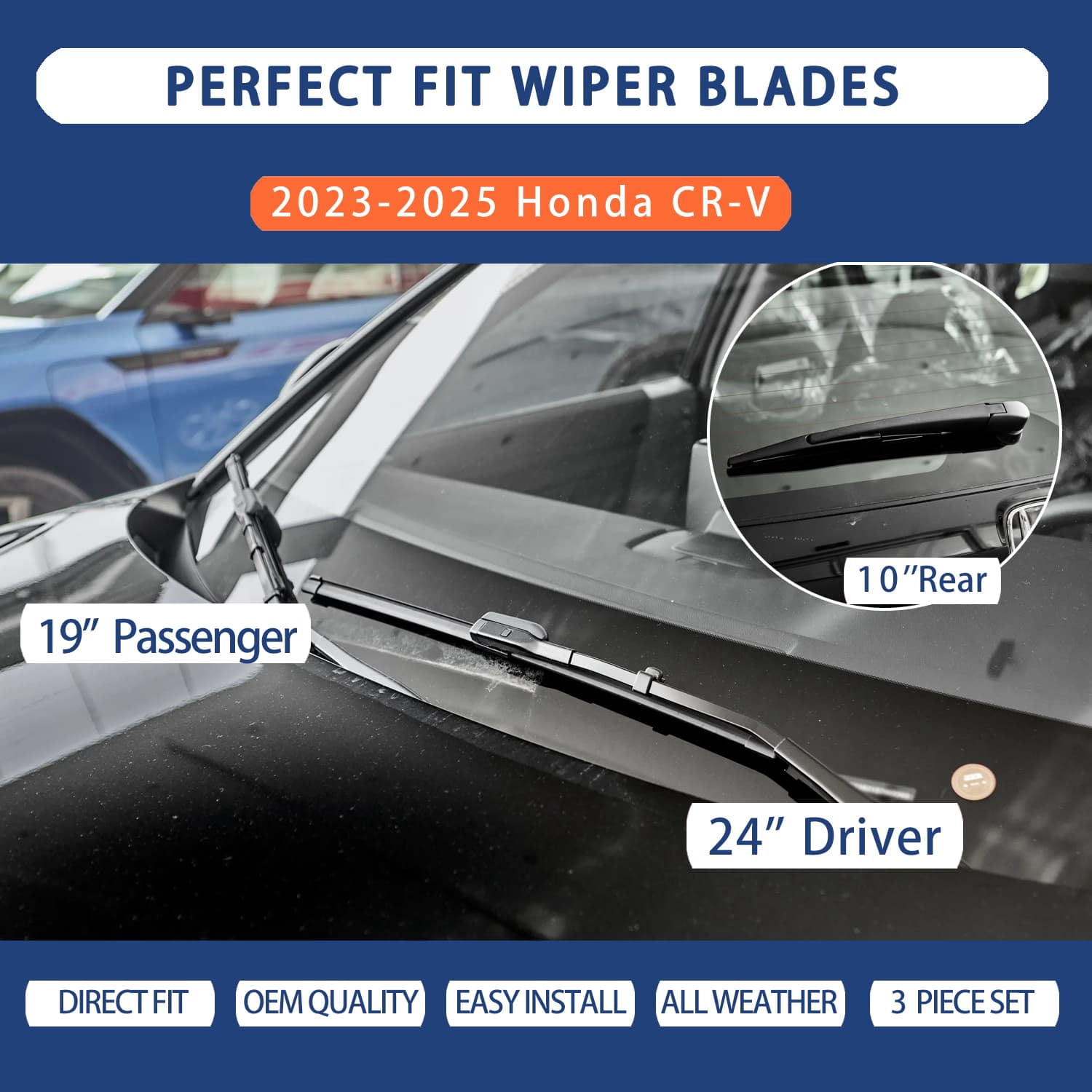 CLEARGO Wiper Blade Kit (Front + Rear) for 2023–2025 Honda CR-V – Driver 24", Passenger 19", Rear 10" – All-Season OEM Quality
