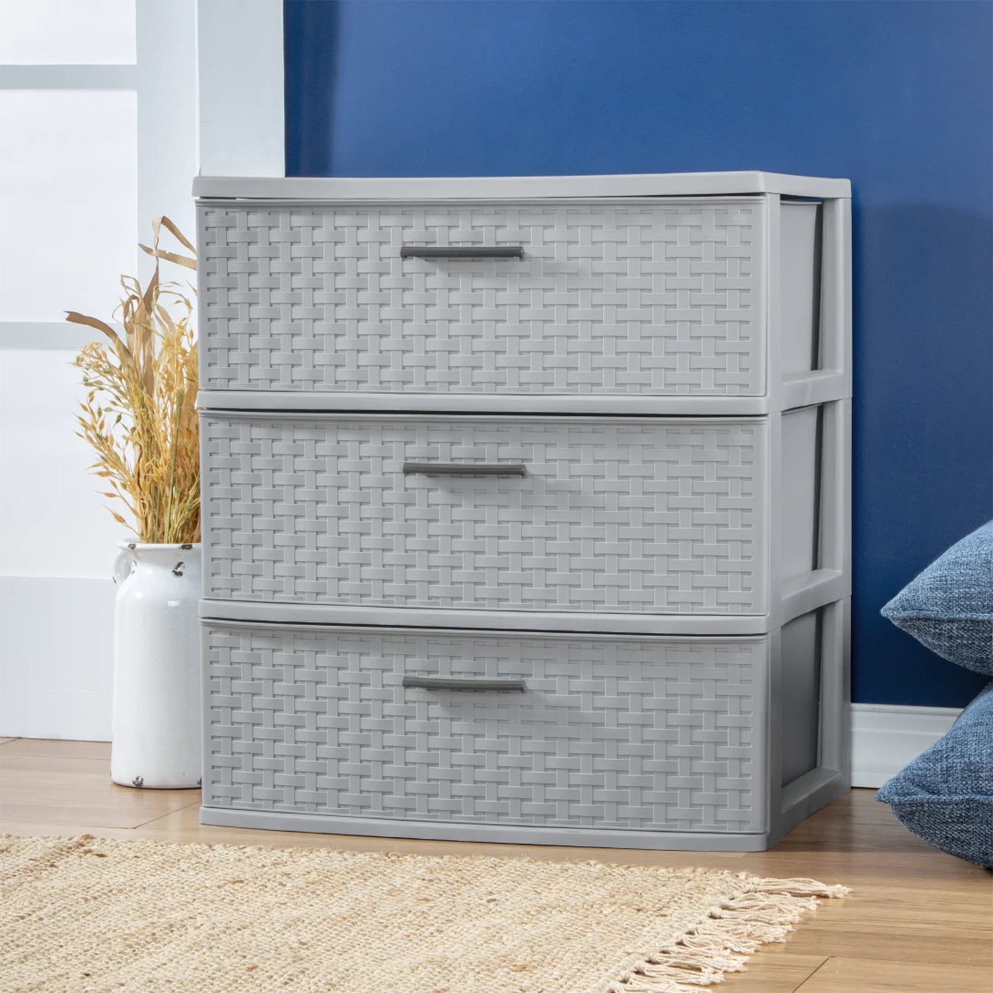Sterilite 3 Drawer Wide Weave Plastic Storage Tower Home Organizer, Gray, 3 Pack