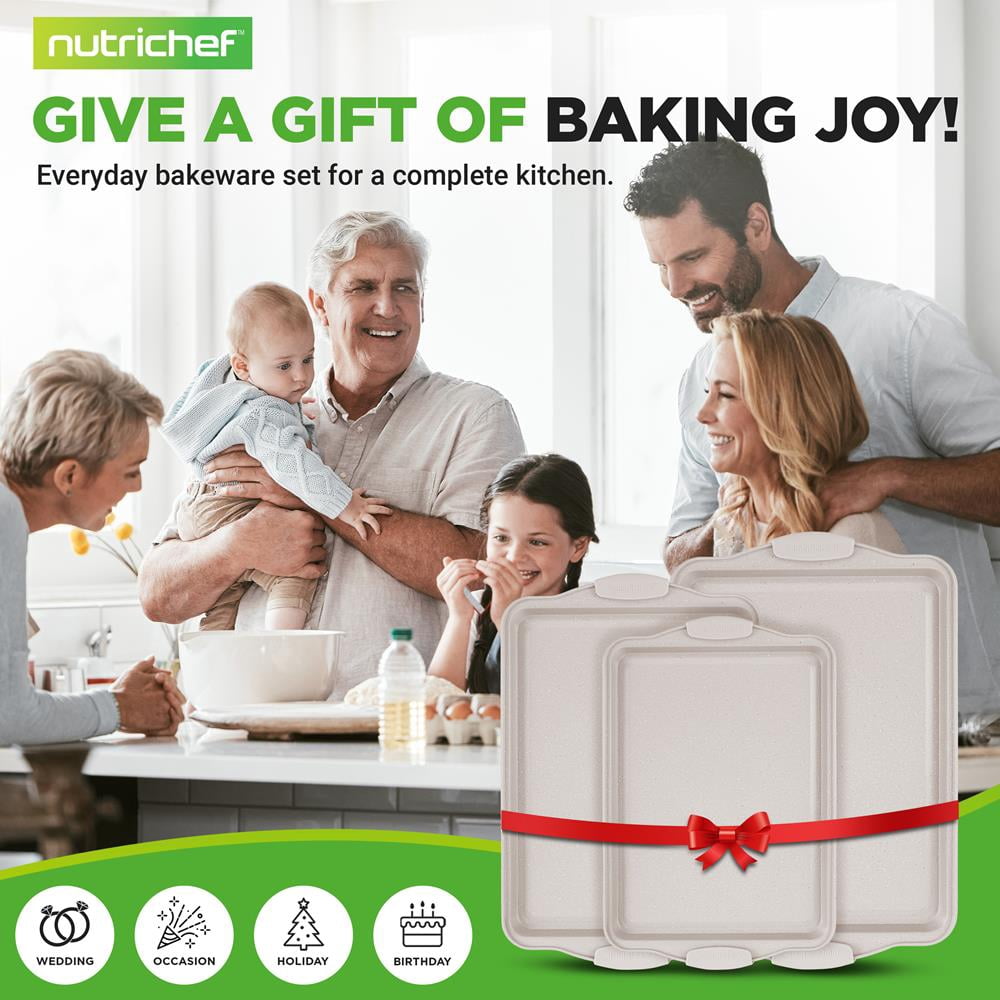 3 Piece Non-Stick Cookie Sheet Tray Set with Silicone Handles for Baking (Cream Marble)