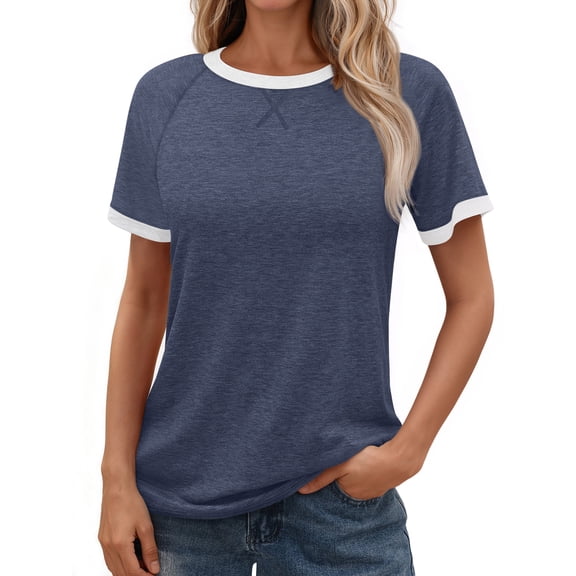 MOSHU Color Block Womens T-shirts Round Neck Shirts for Women Short Sleeve Loose Fit Women Tops