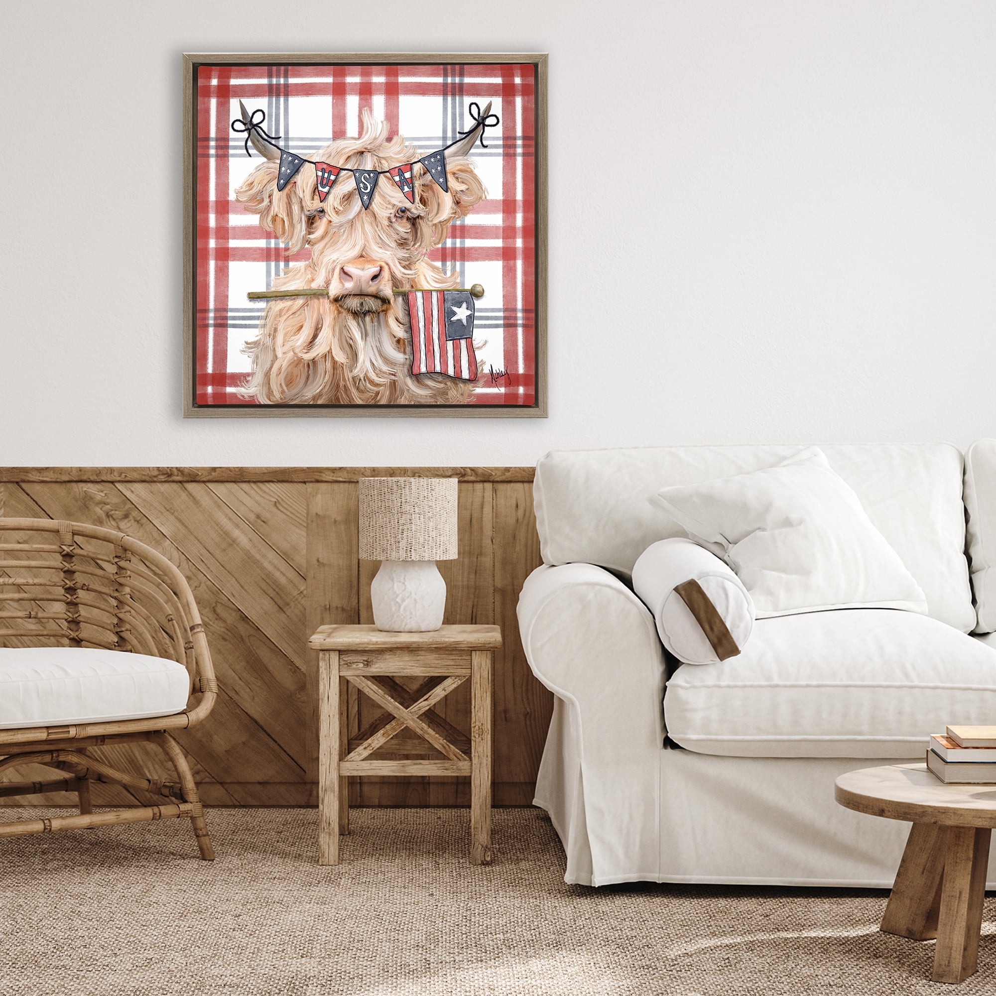 USA Plaid Highland Cattle Brown Framed Floater Canvas Wall Art, design by Ashley Bradley