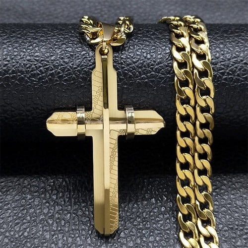 14K Yellow Gold 3D Cross Pendant Chain Necklace, Distinguished Men Meaningful Christ Medal Gift