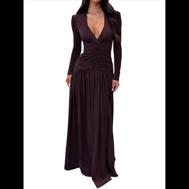 Vestido de Larga para Mujer, Cuello en V, Cintura Cruzada, Vestidos Formales Largos de Cóctel, Atuendos para Salidas Nocturnas Marrón S
