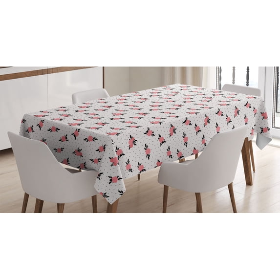 Floral Tablecloth, Rose Bouquets with Leaves on a Background of Dots, Rectangle Satin Table Cover Accent for Dining Room and Kitchen, 60" X 84", Coral Pale Pink, by Ambesonne