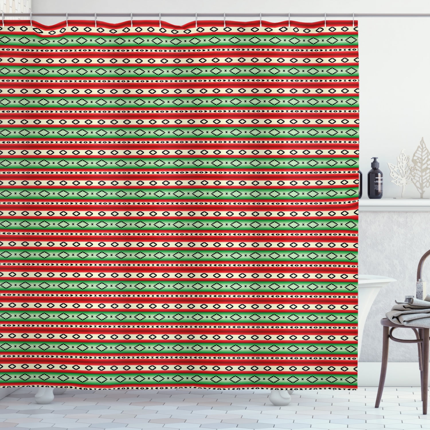 Fiesta Shower Curtain, Mexican Blanket Geometric Pattern Stripes and