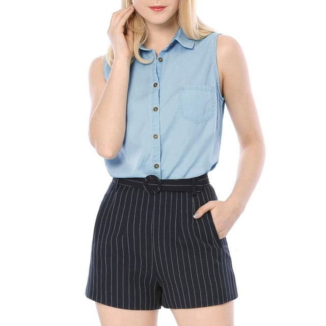 INSPIRE CHIC Chemise Sans Manches à Col Pointu à Simple Boutonnage pour Femme TP Bleu Ciel