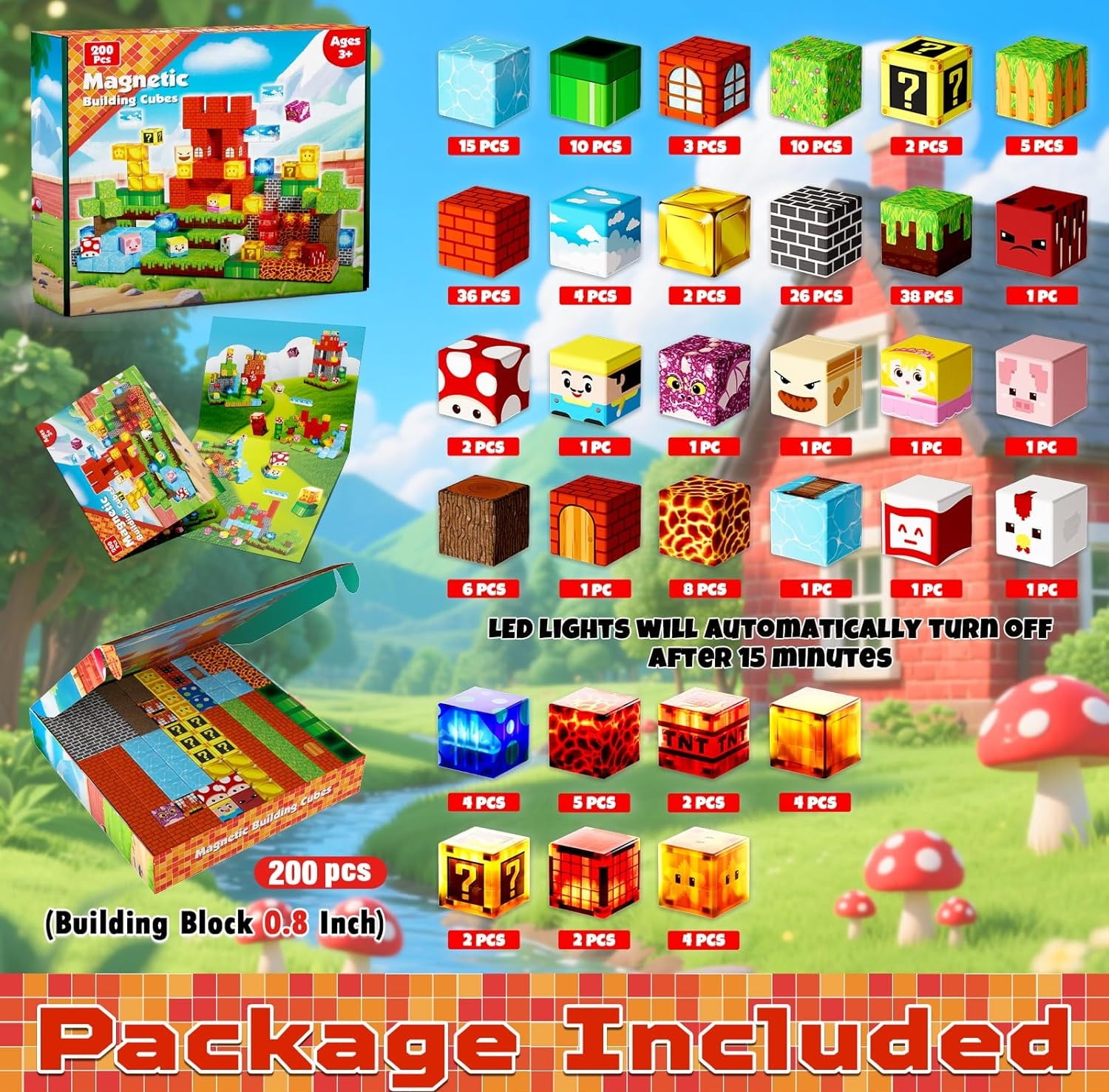 Annexfun 200PCS Magnetic Blocks with Light Blocks - Magnetic Blocks for Kids Ages 4 5 6 7 8, Magnetic Building Block, Christmas Birthday Gifts for 3-10 Years Old Boy Girls, STEM Toy