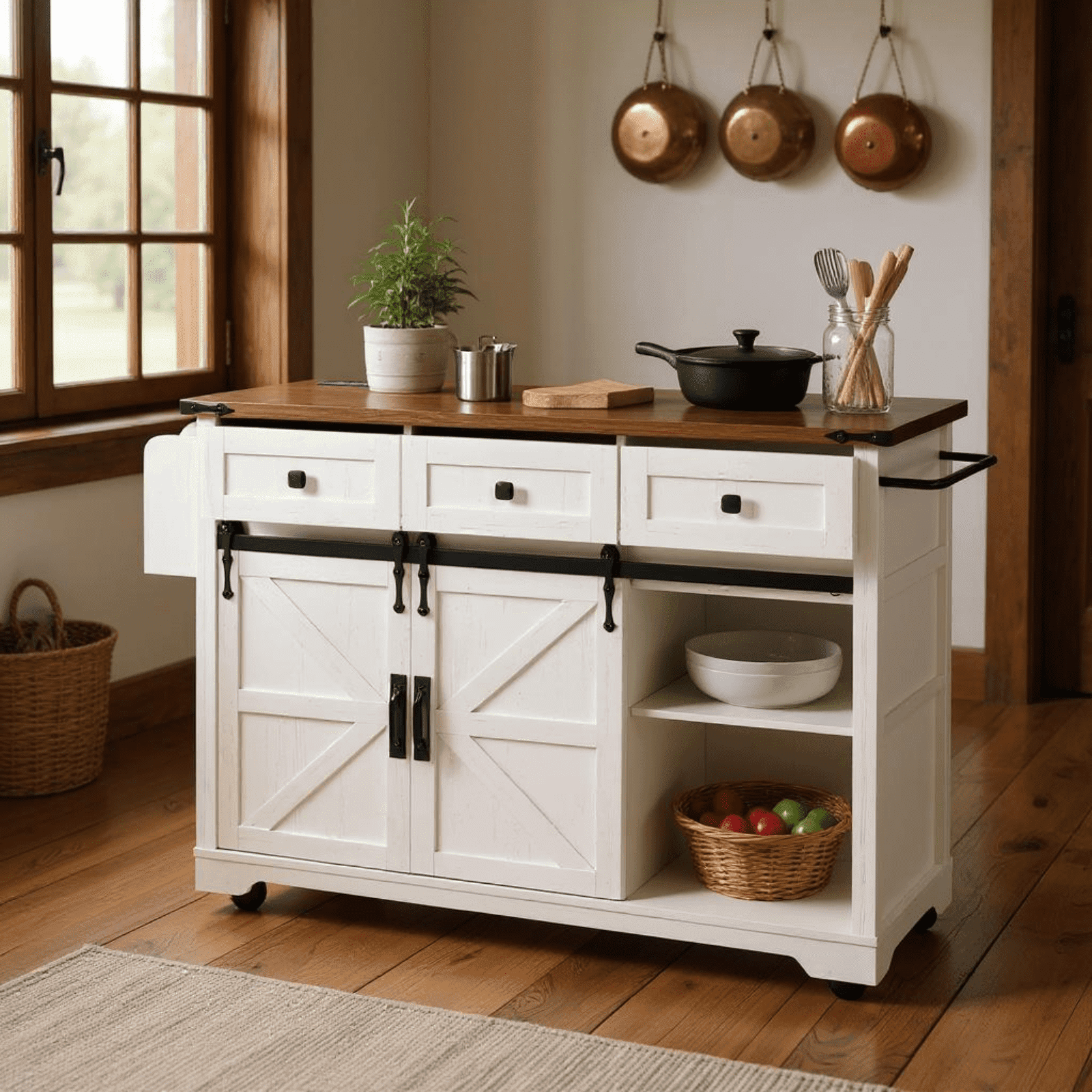 Homy Casa Farmhouse 53.7" Rolling Kitchen Island with Storage Cabinet, Sliding Barn Doors, Wood Top Storage Cart